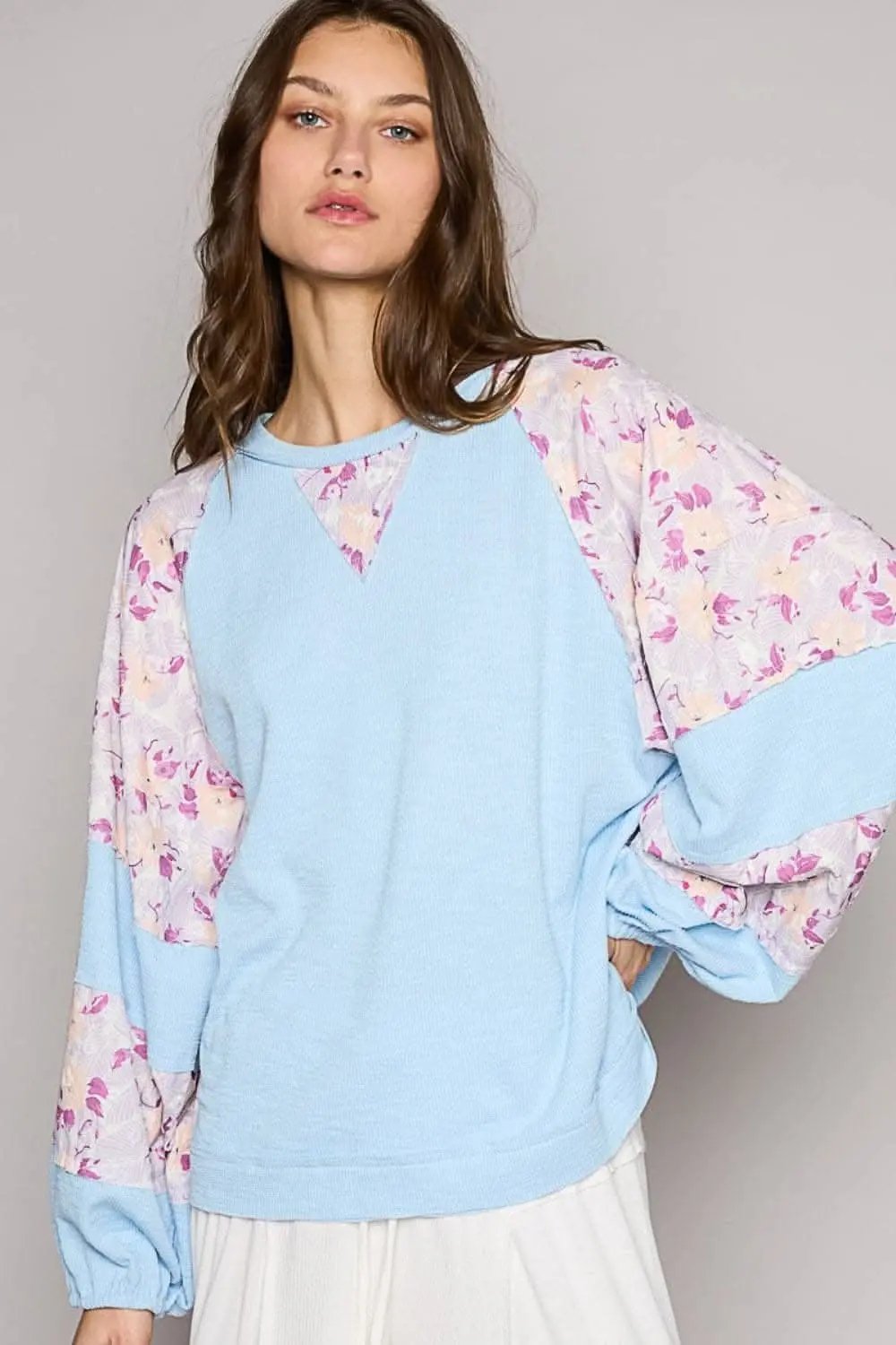 Floral elegance: Round neck balloon sleeve top - Love Salve 