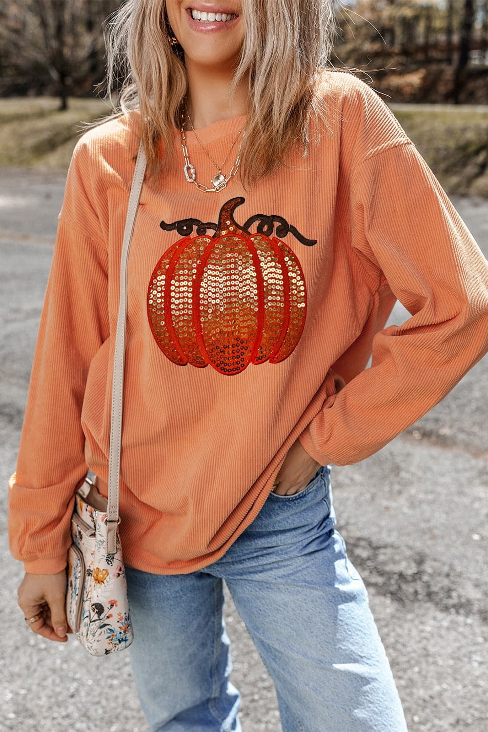 Sequin Pumpkin Round Neck Long Sleeve Sweatshirt.