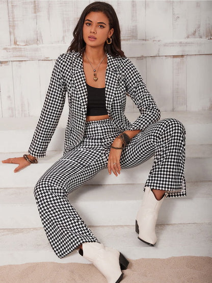 Checkered Blazer & Slit Pants Set.