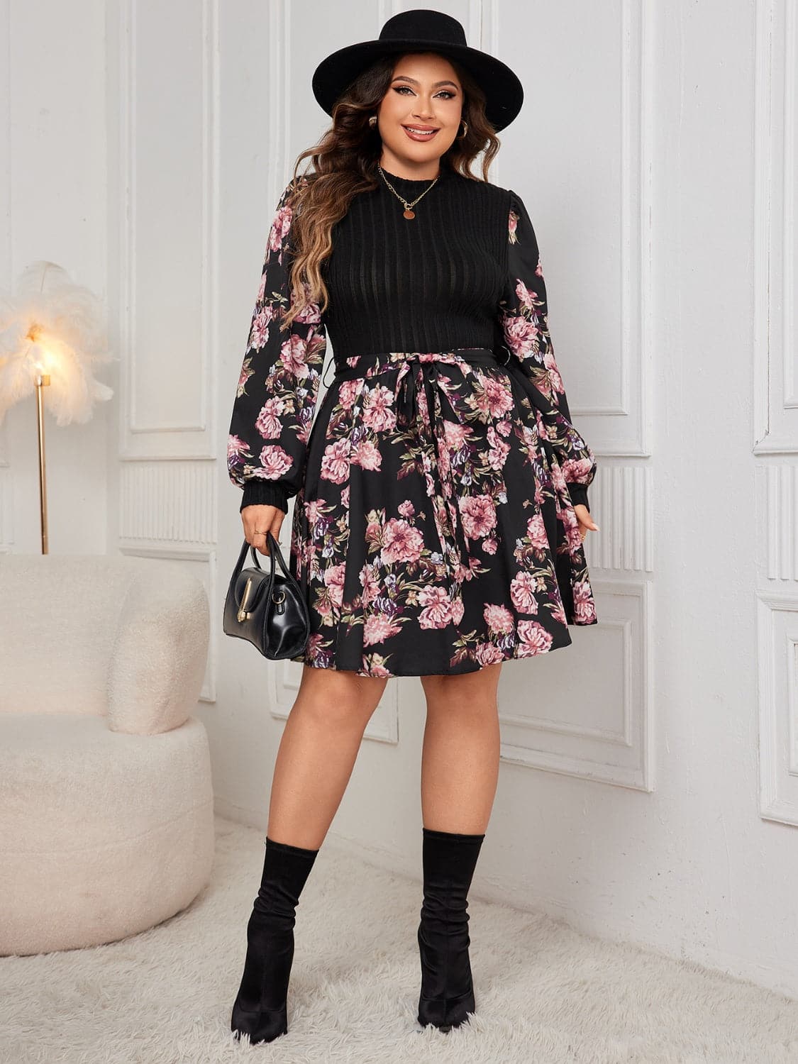 Plus Size Tied Printed Long Sleeve Dress.