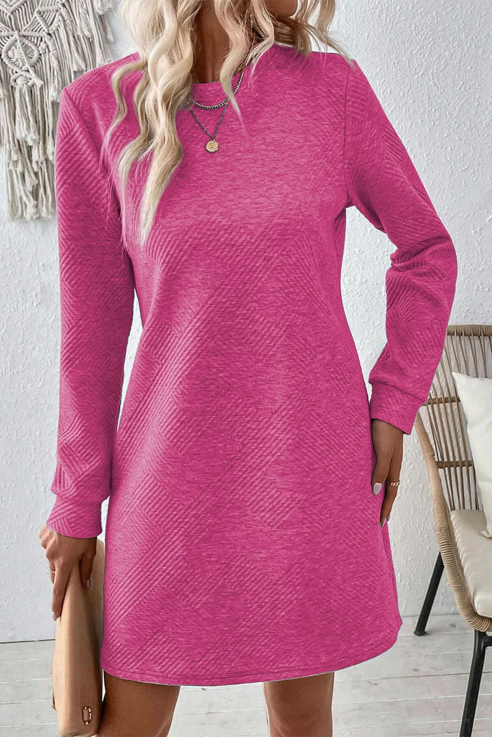 Textured long sleeve mini dress with round neck