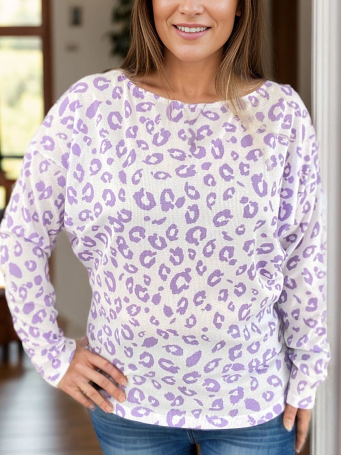 Plus Size Leopard Round Neck Long Sleeve Top.