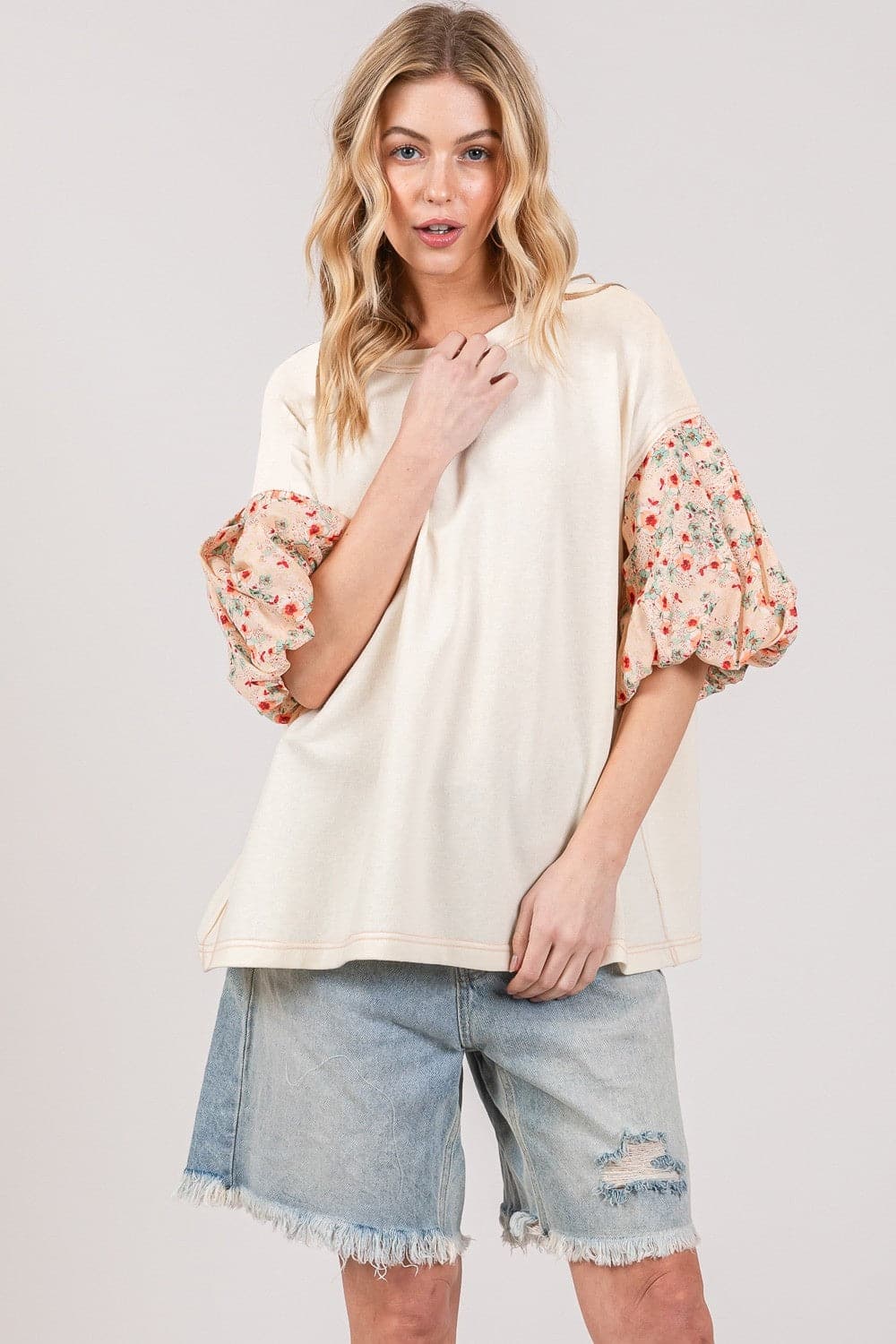 SAGE + FIG Round Neck Bubble Sleeve Oversize Top.