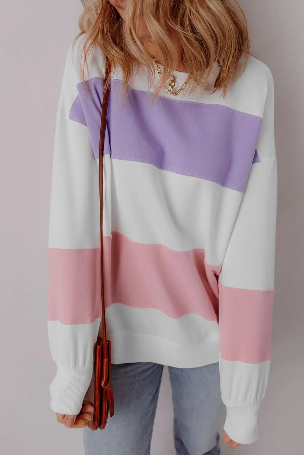 Beige Colorblock Patchwork Drop Shoulder Crewneck Sweatshirt - Love Salve 