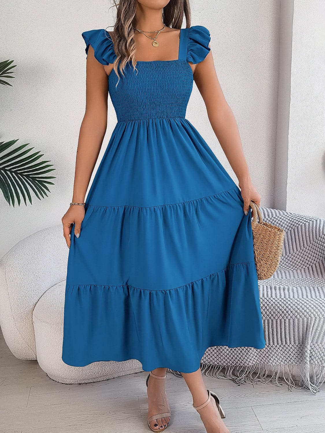 Smocked Square Neck Cap Sleeve Midi Dress.