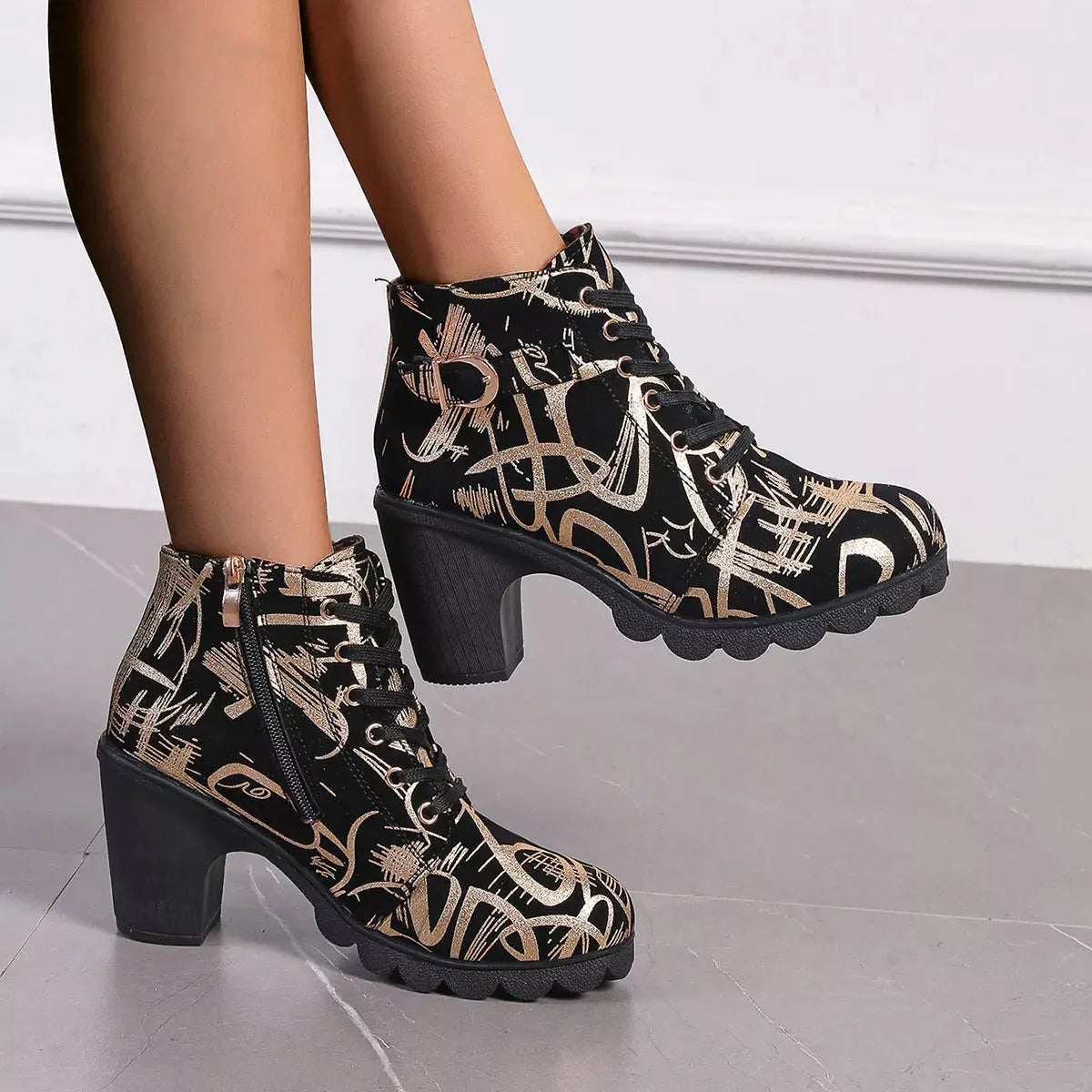 Printed Lace-Up Ankle Boots with Block Heel Simply Love