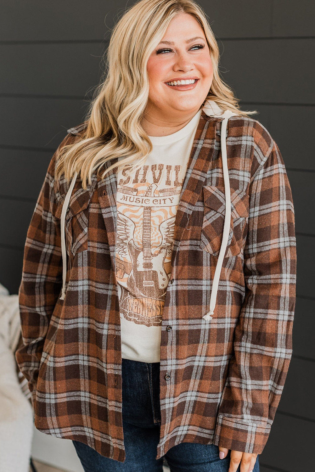 Cozy brown plaid hooded jacket for plus sizes