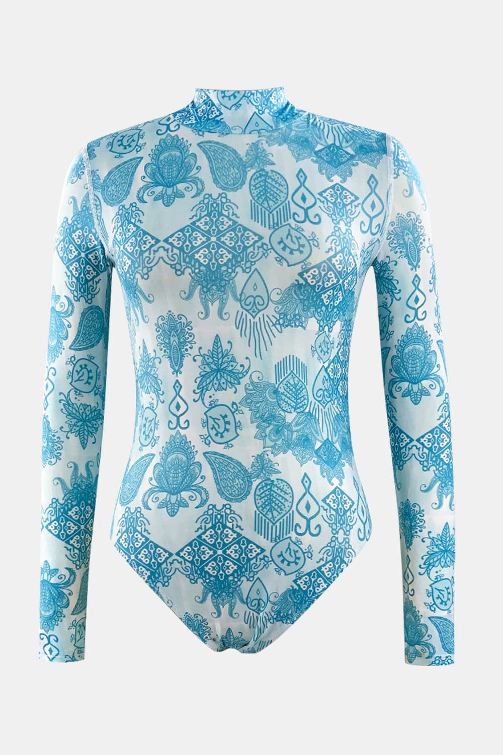 Printed Mock Neck Long Sleeve One-Piece Swimwear.