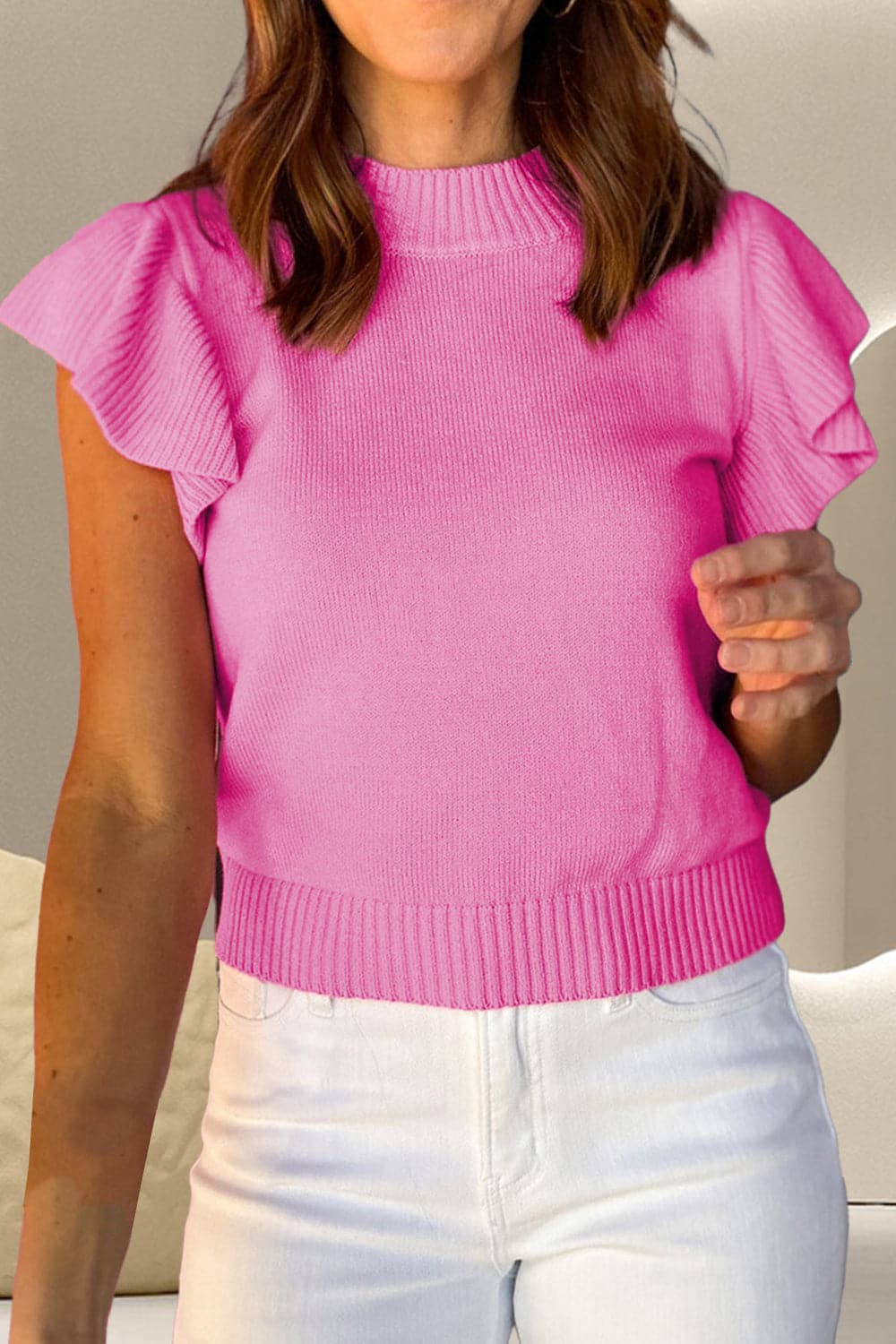 Ruffled Round Neck Cap Sleeve Sweater.