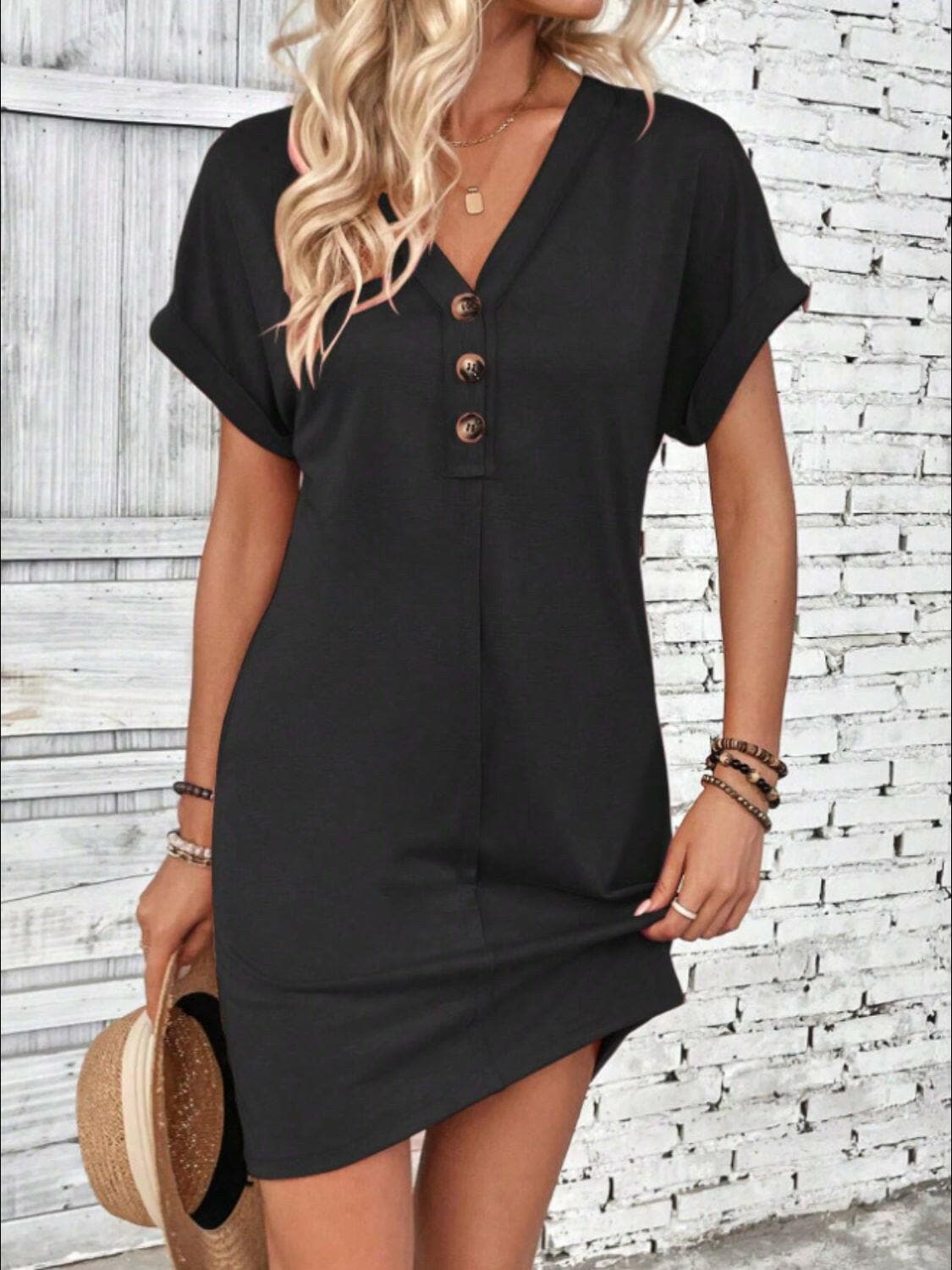 Quarter Button V-Neck Short Sleeve Dress.