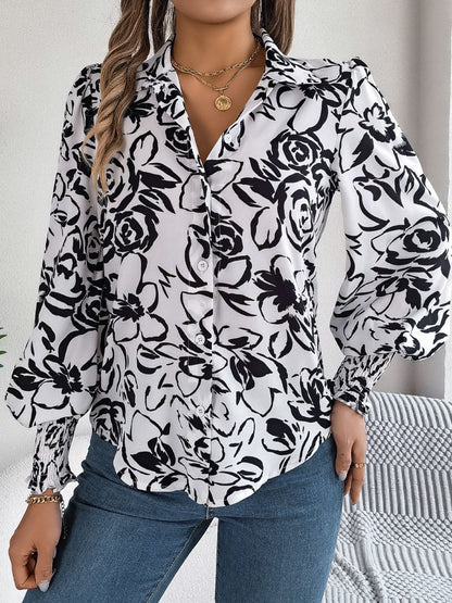 Printed Collared Neck Lantern Sleeve Shirt.