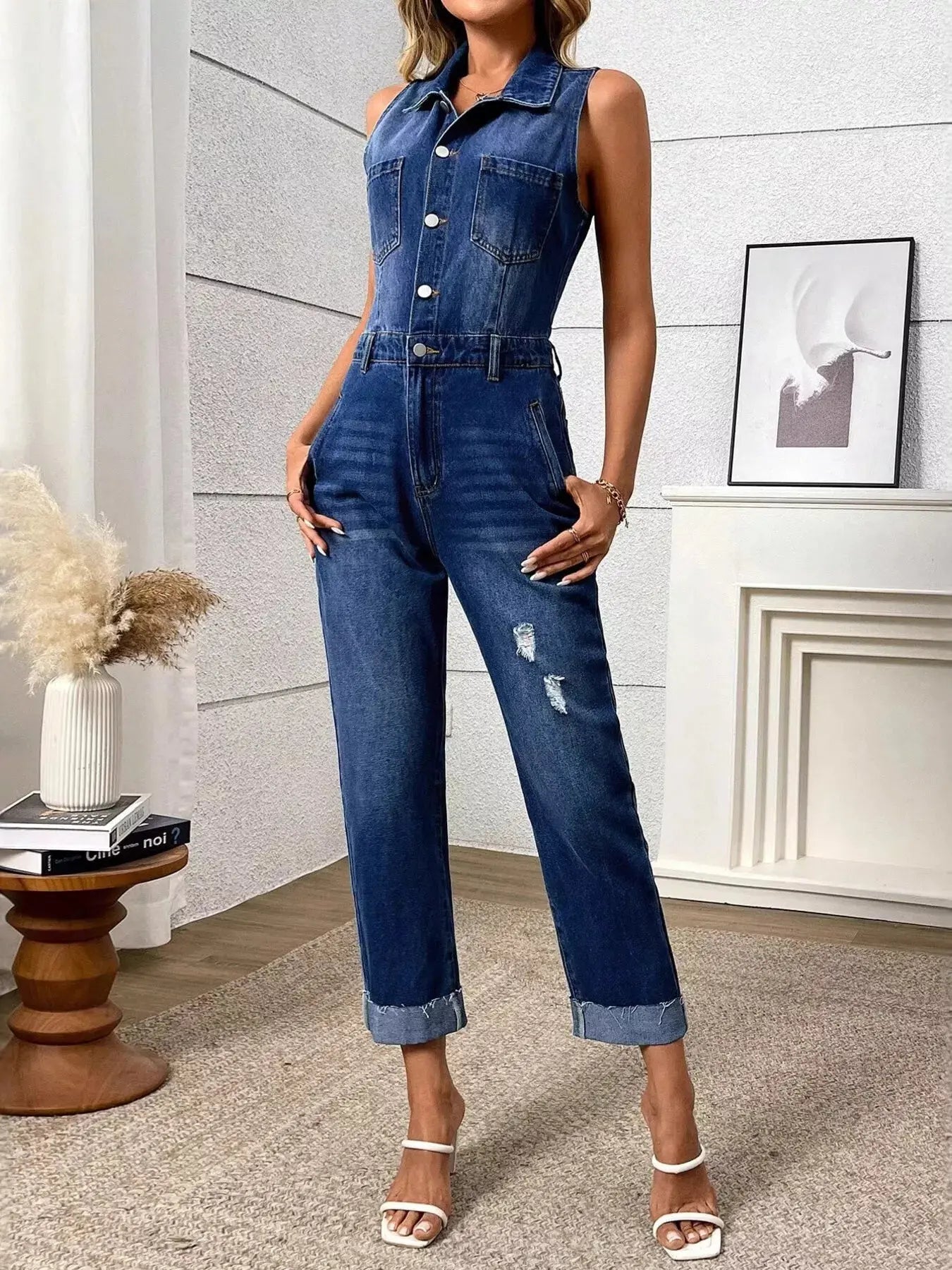 Sleeveless Button Front Denim Jumpsuit Simply Love