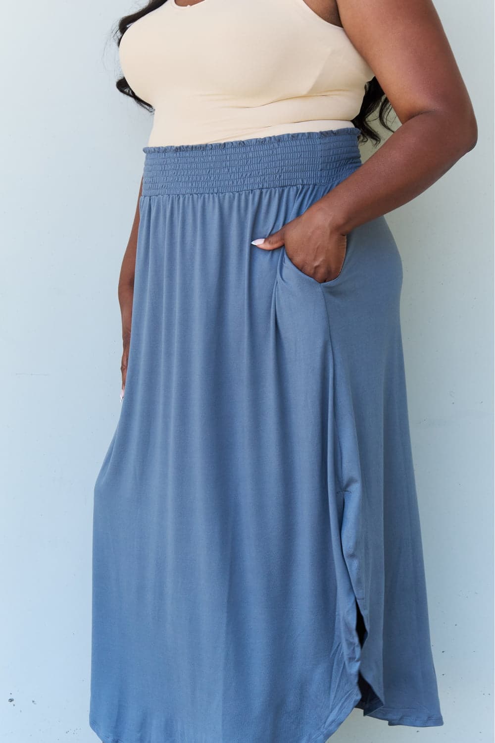 Doublju Comfort Princess Full Size High Waist Scoop Hem Maxi Skirt in Dusty Blue.