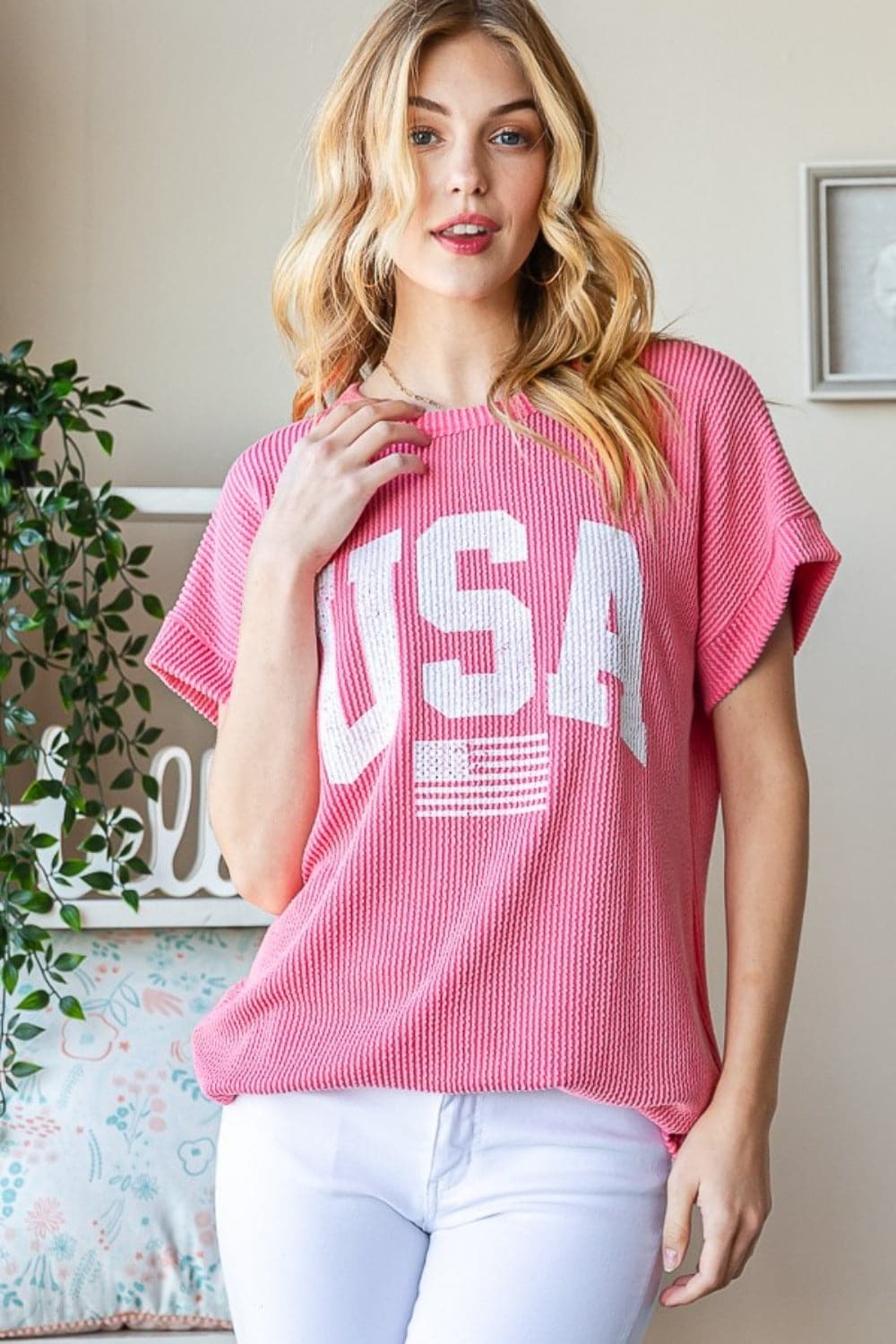 Heimish Full Size USA Graphic Short Sleeve Ribbed Top.