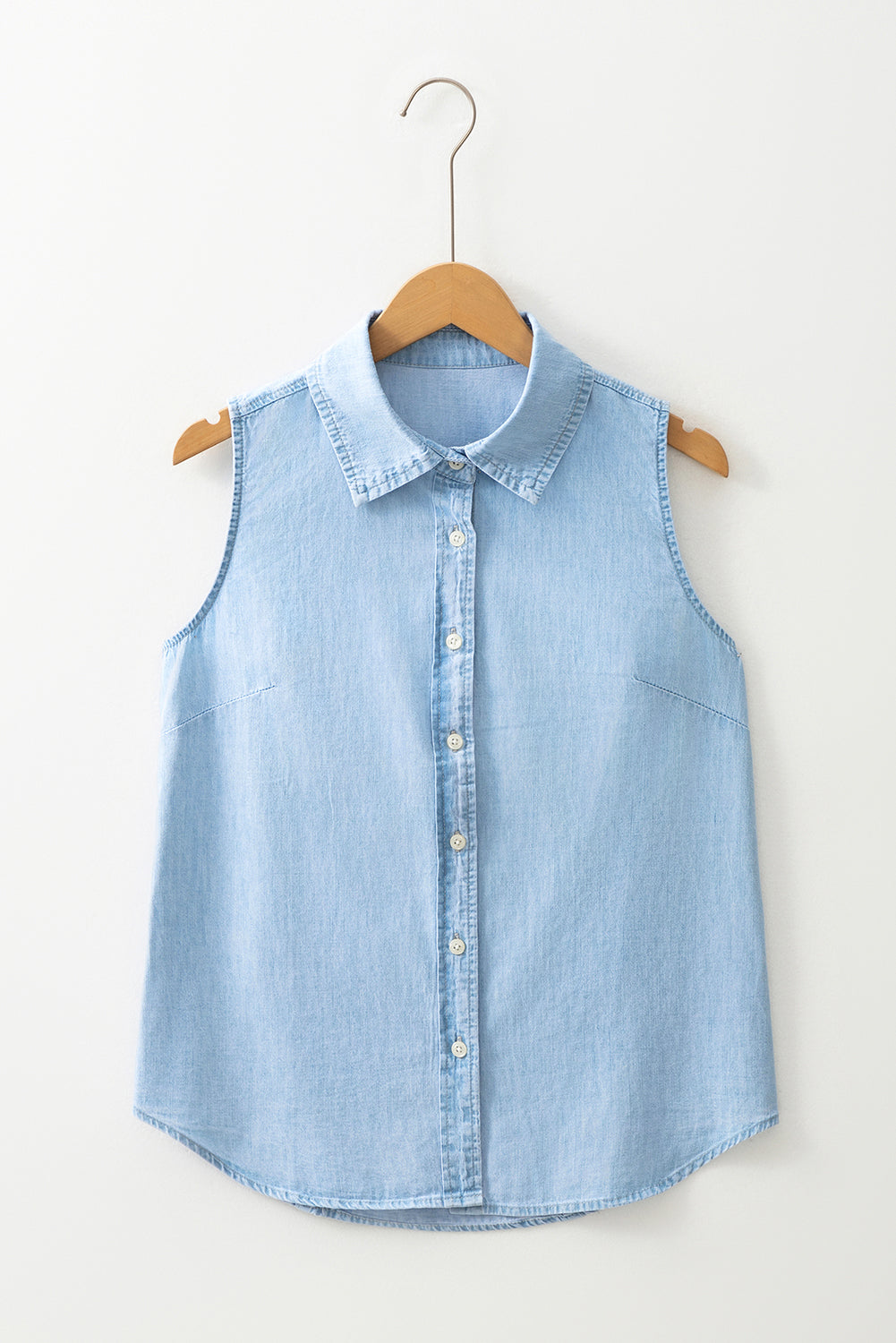 Light Blue Sleeveless Denim Collared Shirt for Casual Wear