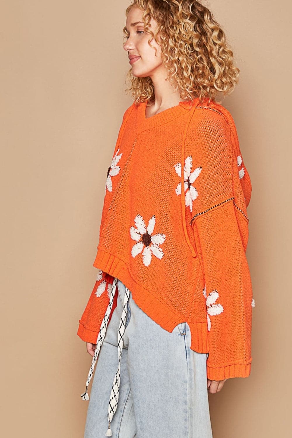 Floral hooded knit sweater