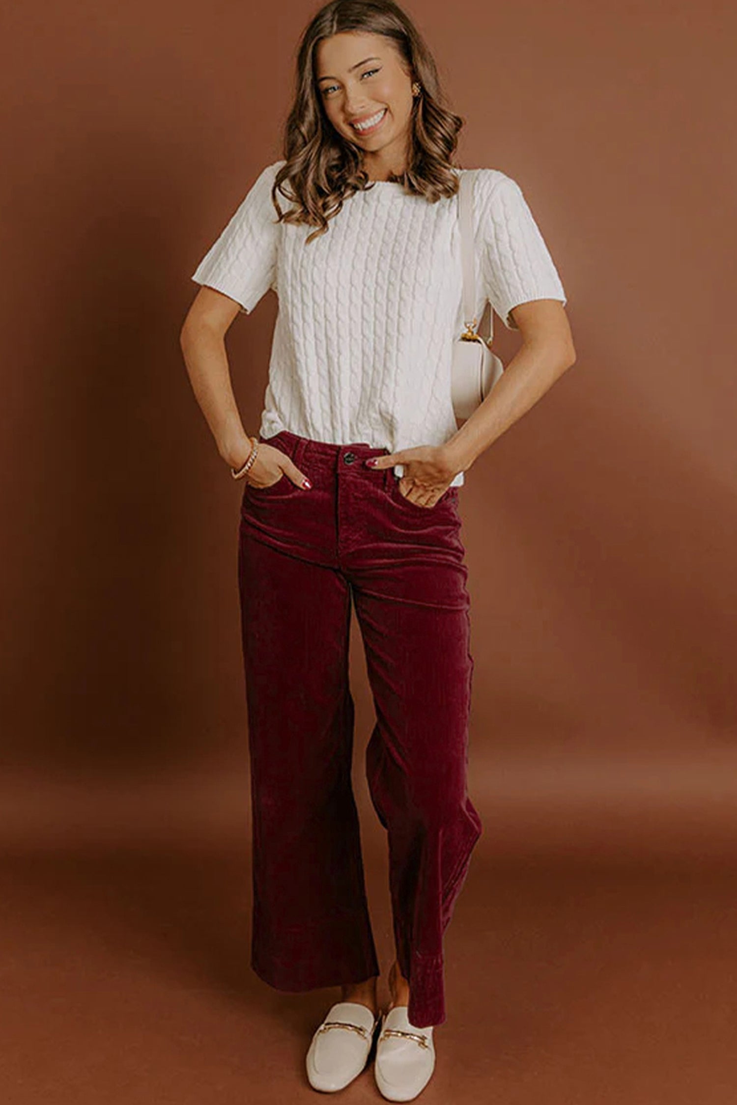 Burgundy Corduroy High Waist Wide Leg Pants for Women Dear-Lover Dropshipping