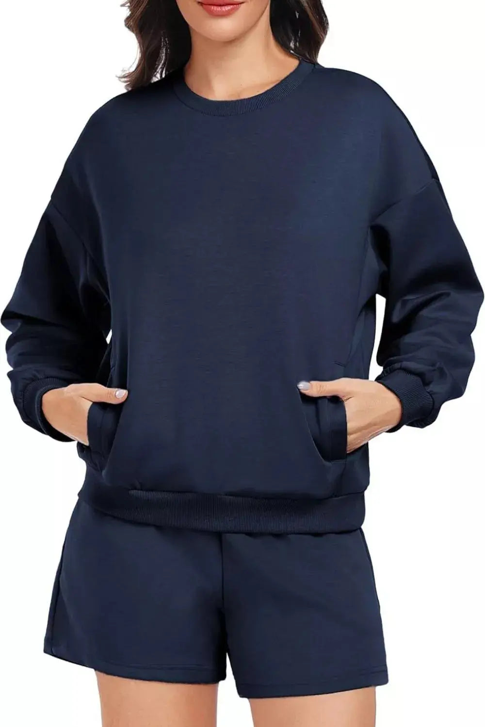 Beige Round Neck Sweatshirt And Drawstring Shorts Set For Women Simply Love