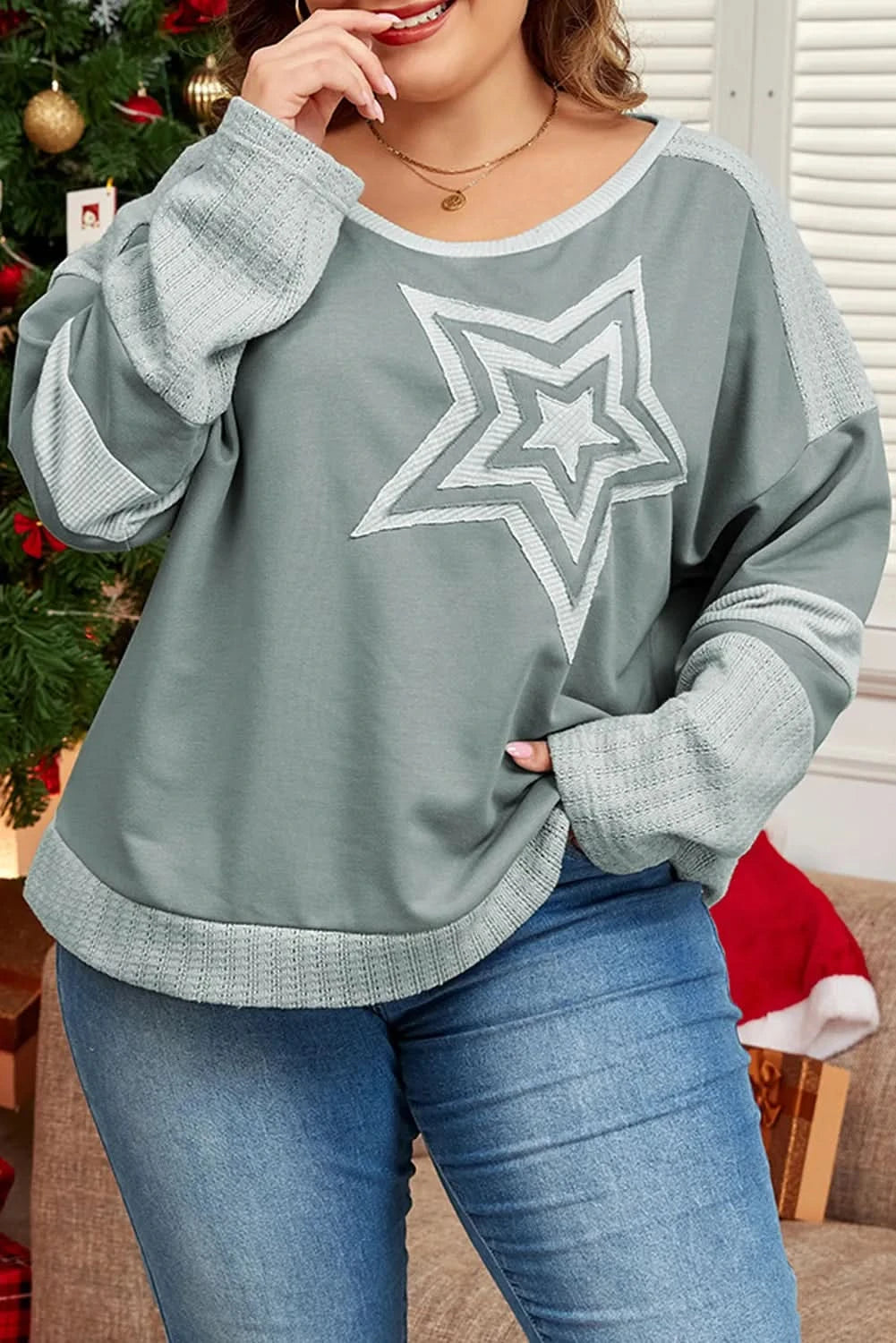 Stylish Plus Size Star Print Long Sleeve Top