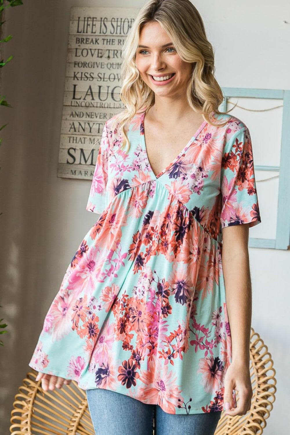 Heimish Full Size Floral V-Neck Short Sleeve Babydoll Blouse.