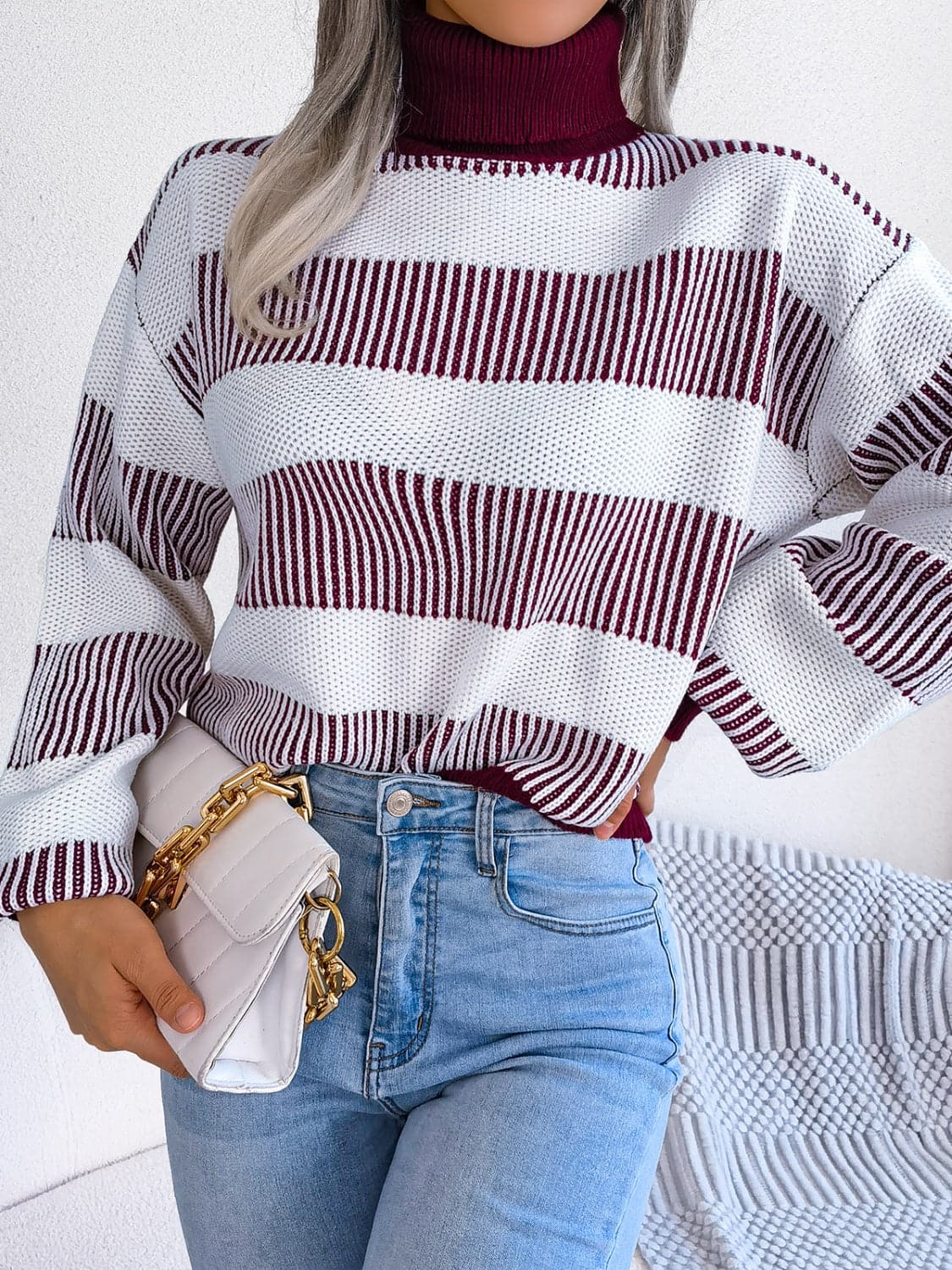 Striped Turtleneck Long Sleeve Sweater.