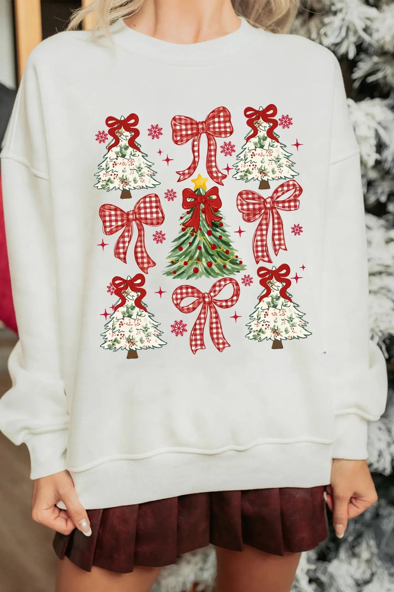 White Christmas Tree Ribbon Bow Printed Drop Shoulder Sweatshirt Dear-Lover Dropshipping
