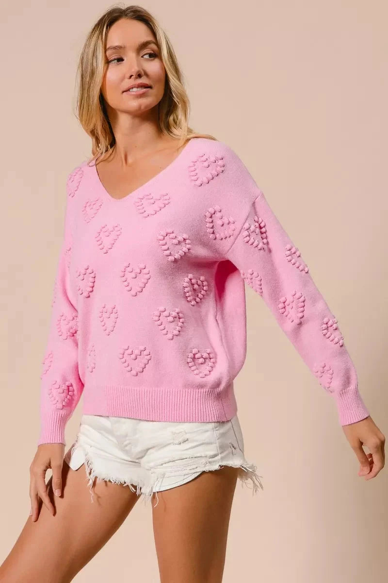 BiBi Valentines Heart Pompom V Neck Knit Top Coco’s Tee Boutique