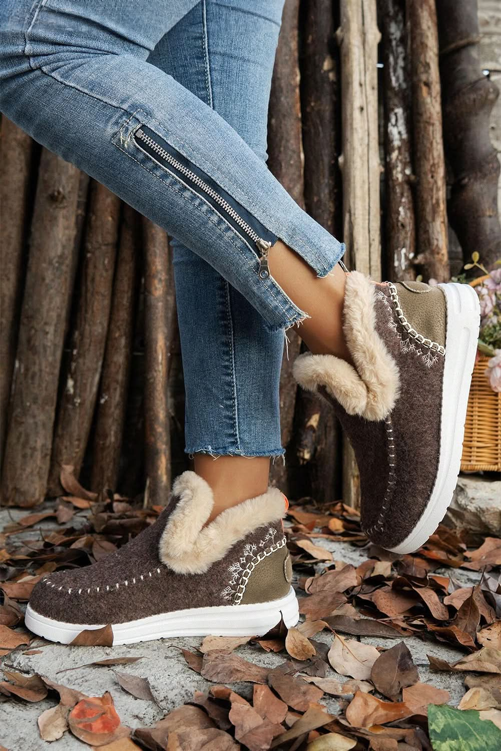 Coffee Faux Suede Plush Lined Ankle Boots with Stitch Detail