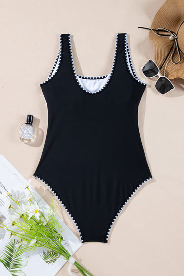 Chic Black Color Block U Neck One Piece Swimsuit with Ric Rac Trim