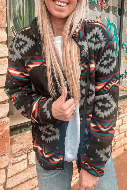 Boho black aztec zip collar jacket with vibrant print and practical pockets.