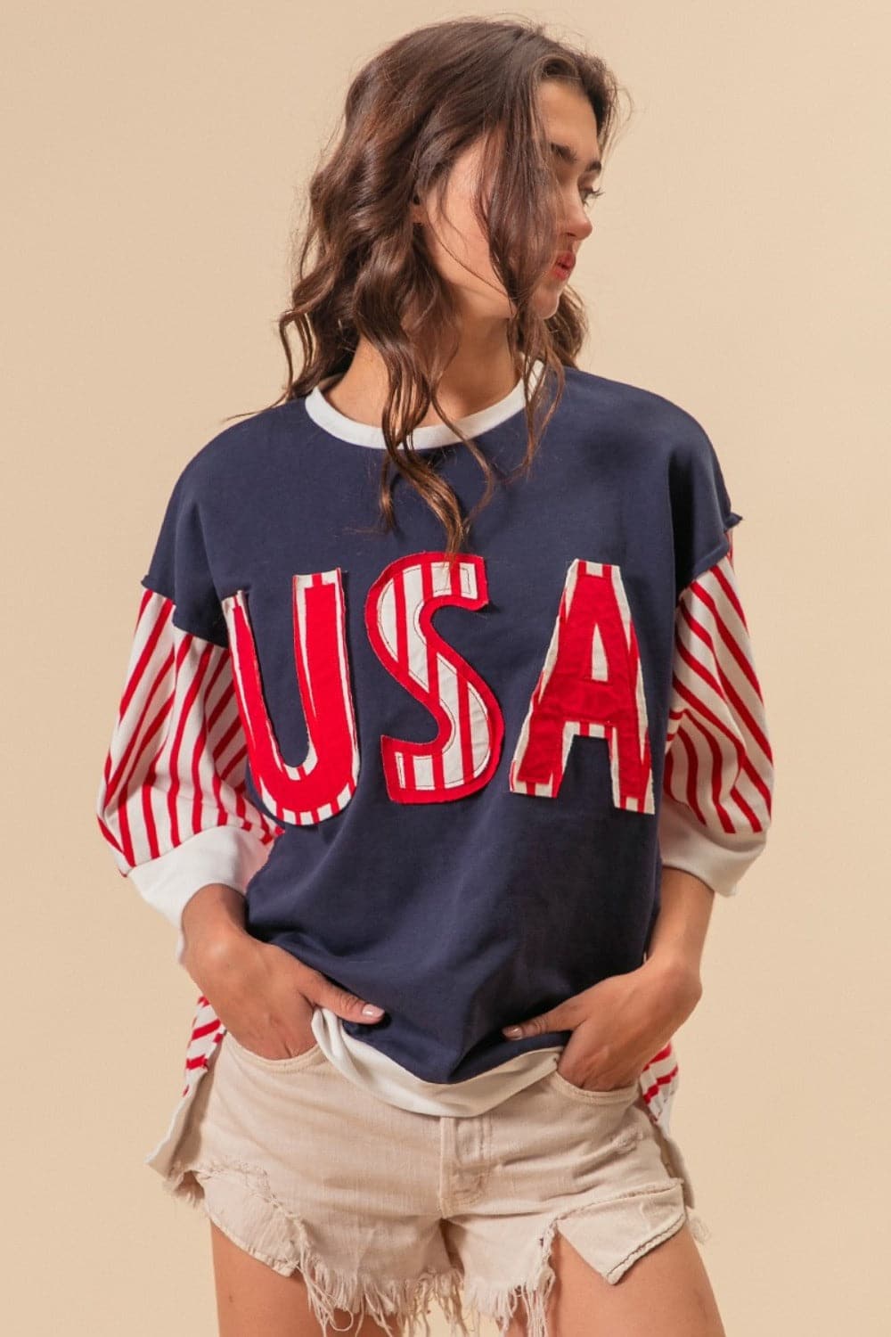 BiBi USA Letter Patchwork Contrast Short Sleeve T-Shirt.