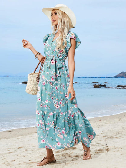 Ruffled Printed Surplice Cap Sleeve Midi Dress.