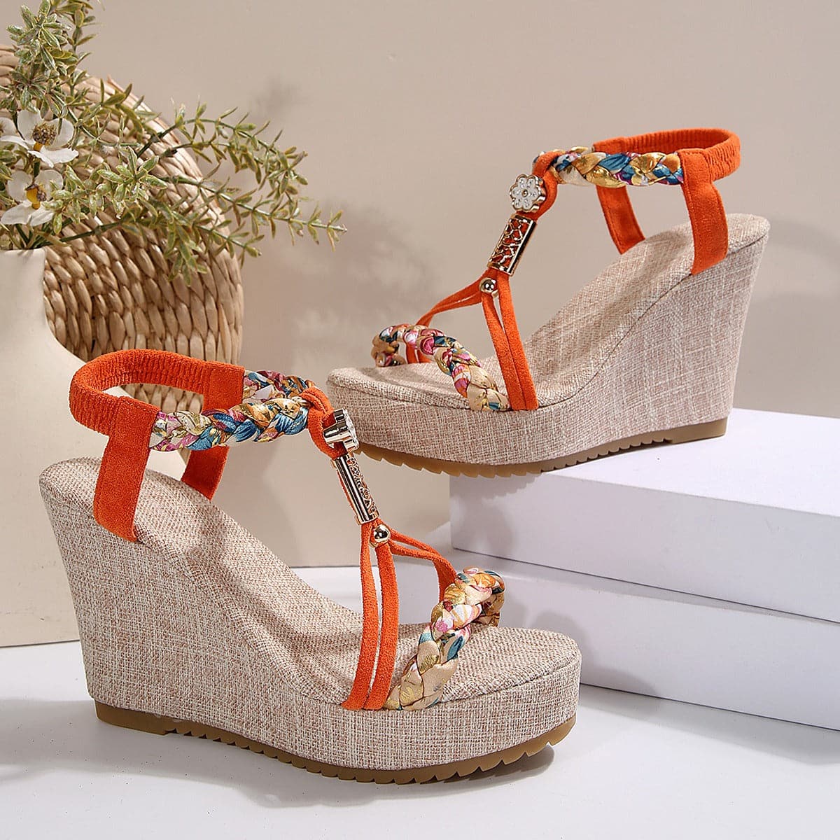 Braided Strap Wedge Sandals.