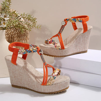 Braided Strap Wedge Sandals.