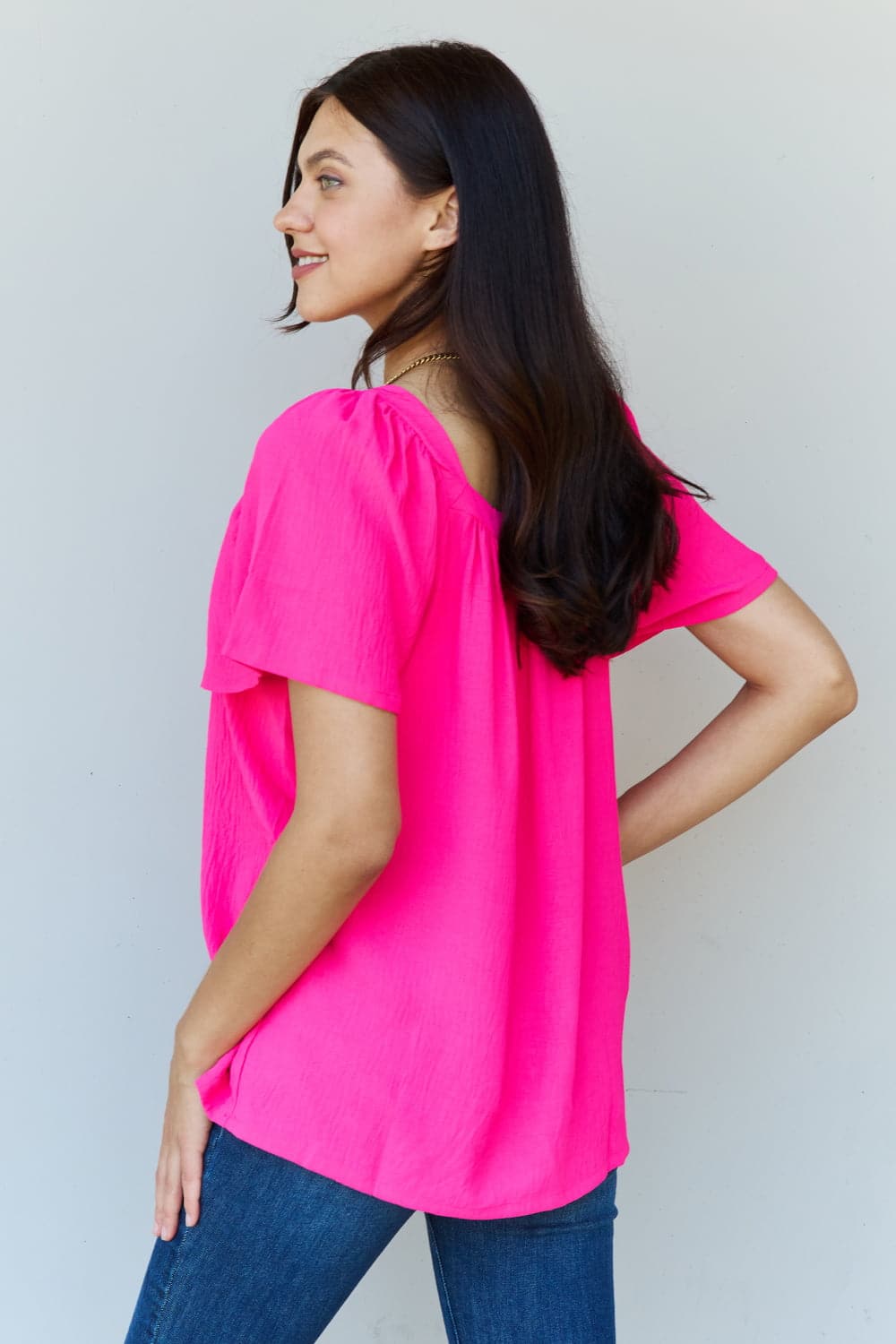 Ninexis fuchsia square neck short sleeve blouse with ruffle details