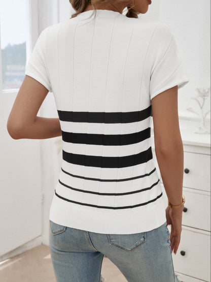 Striped Round Neck Short Sleeve Knit Top.