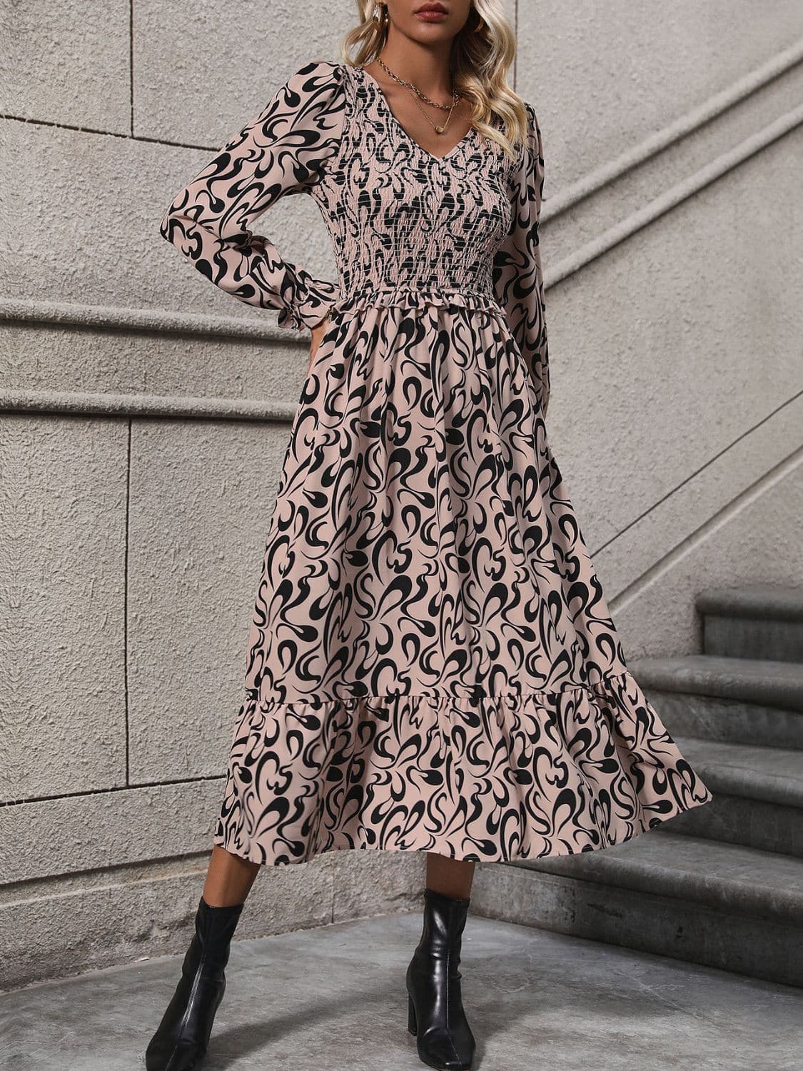 Printed V-Neck Long Sleeve Midi Dress.