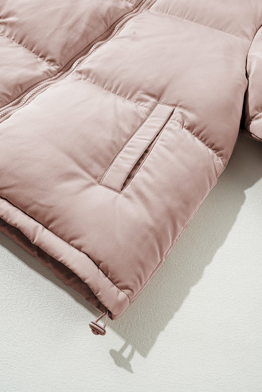 Chic apricot pink quilted puffer jacket with full zipper