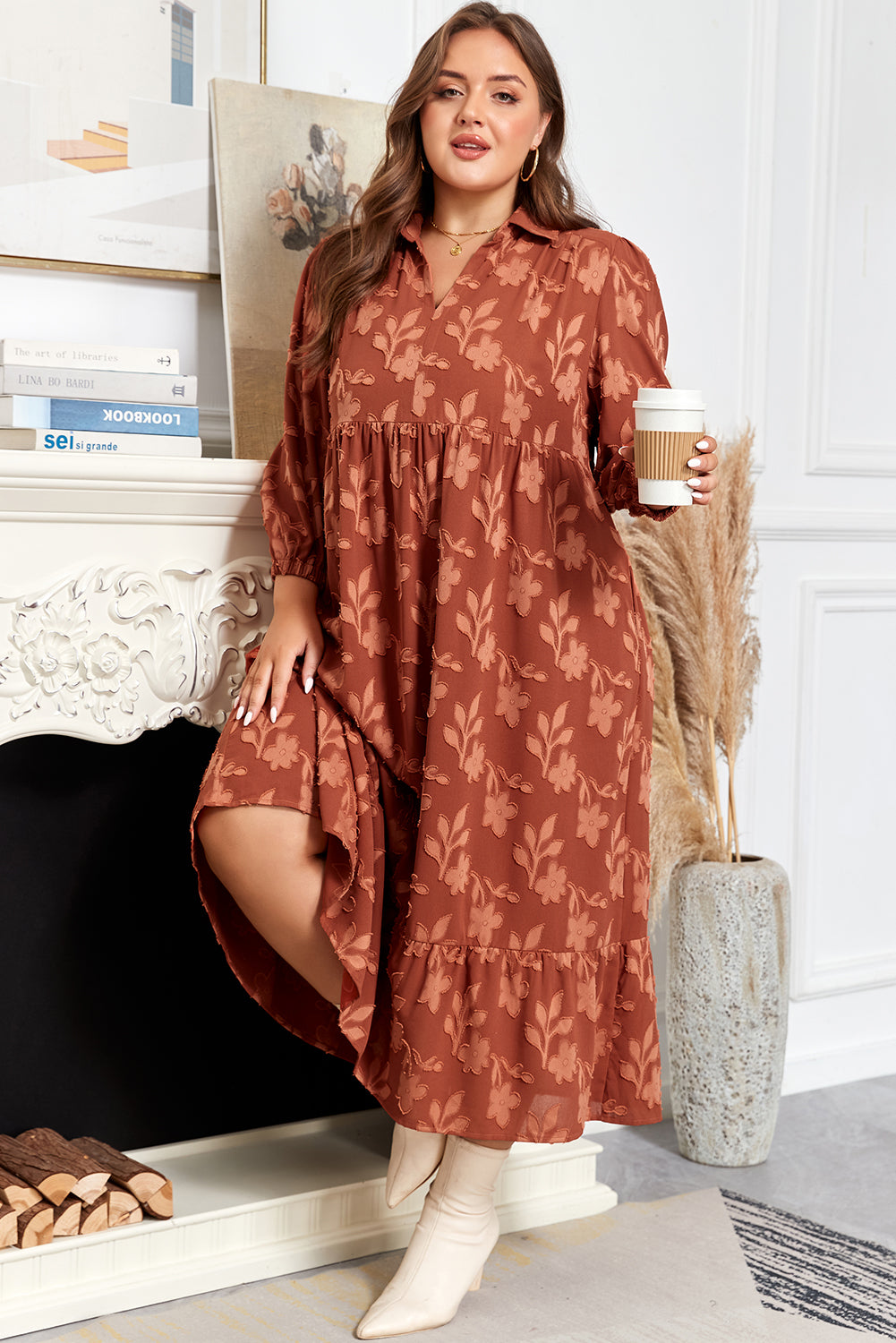 Premium Cinnamon Plus Size Textured 3D Flower Dress Ruffle Hem Long