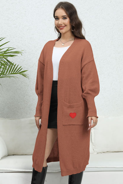 Lantern Sleeve Open Front Pocketed Cardigan.