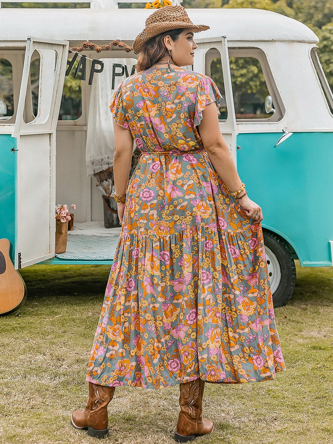 Plus Size Ruffled Printed Cap Sleeve Dress.