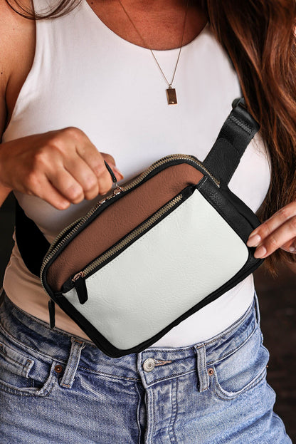 Chic white leather colorblock crossbody bag with removable clip