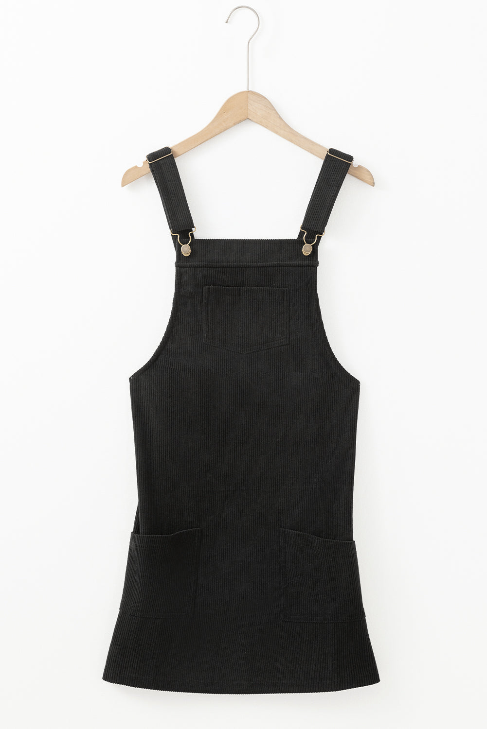 Chic black sleeveless corduroy overall dress with front pockets