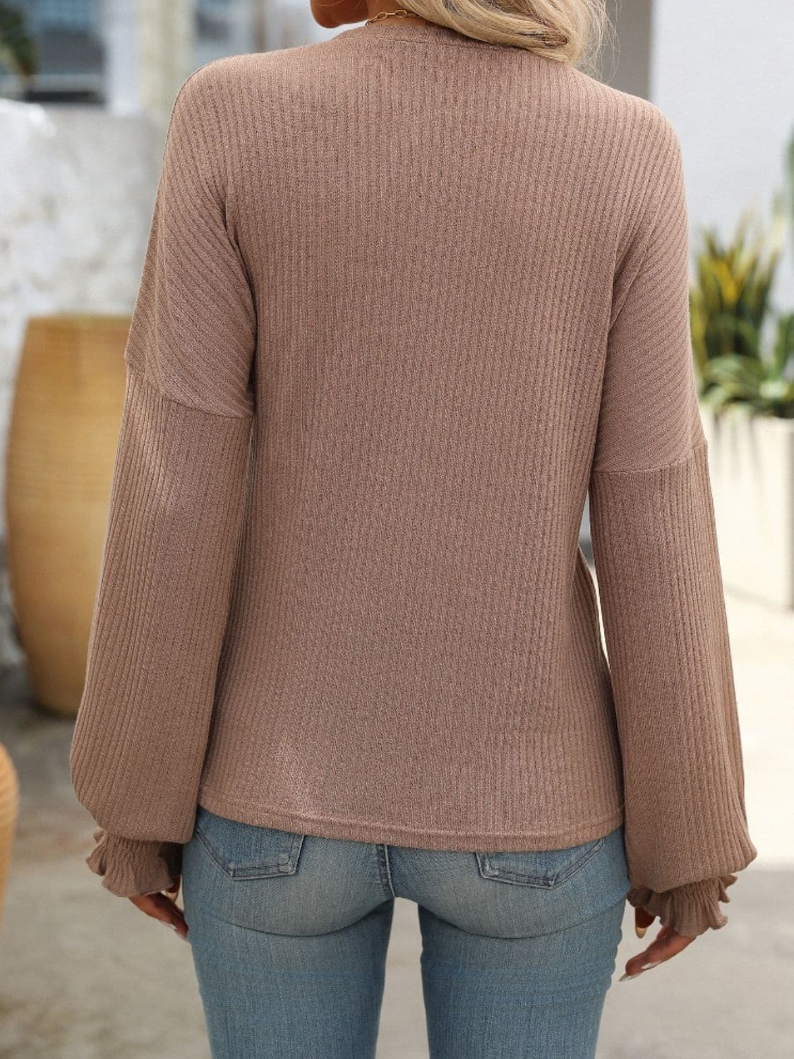 Ribbed Round Neck Long Sleeve T-Shirt.