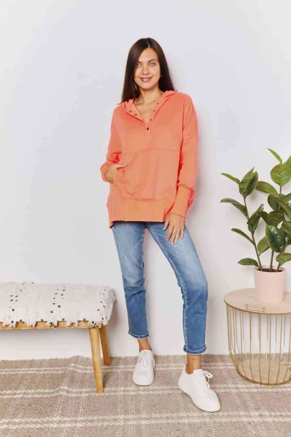 Double Take Quarter-Snap Dropped Shoulder Hoodie - Love Salve