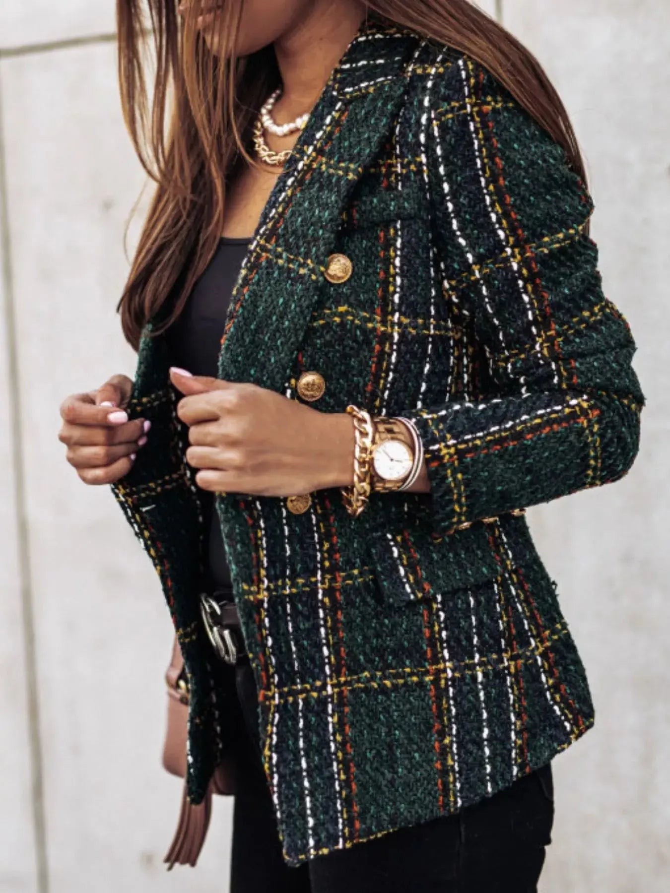 Full Size Plaid Tweed Double-Breasted Blazer Plus Size Simply Love