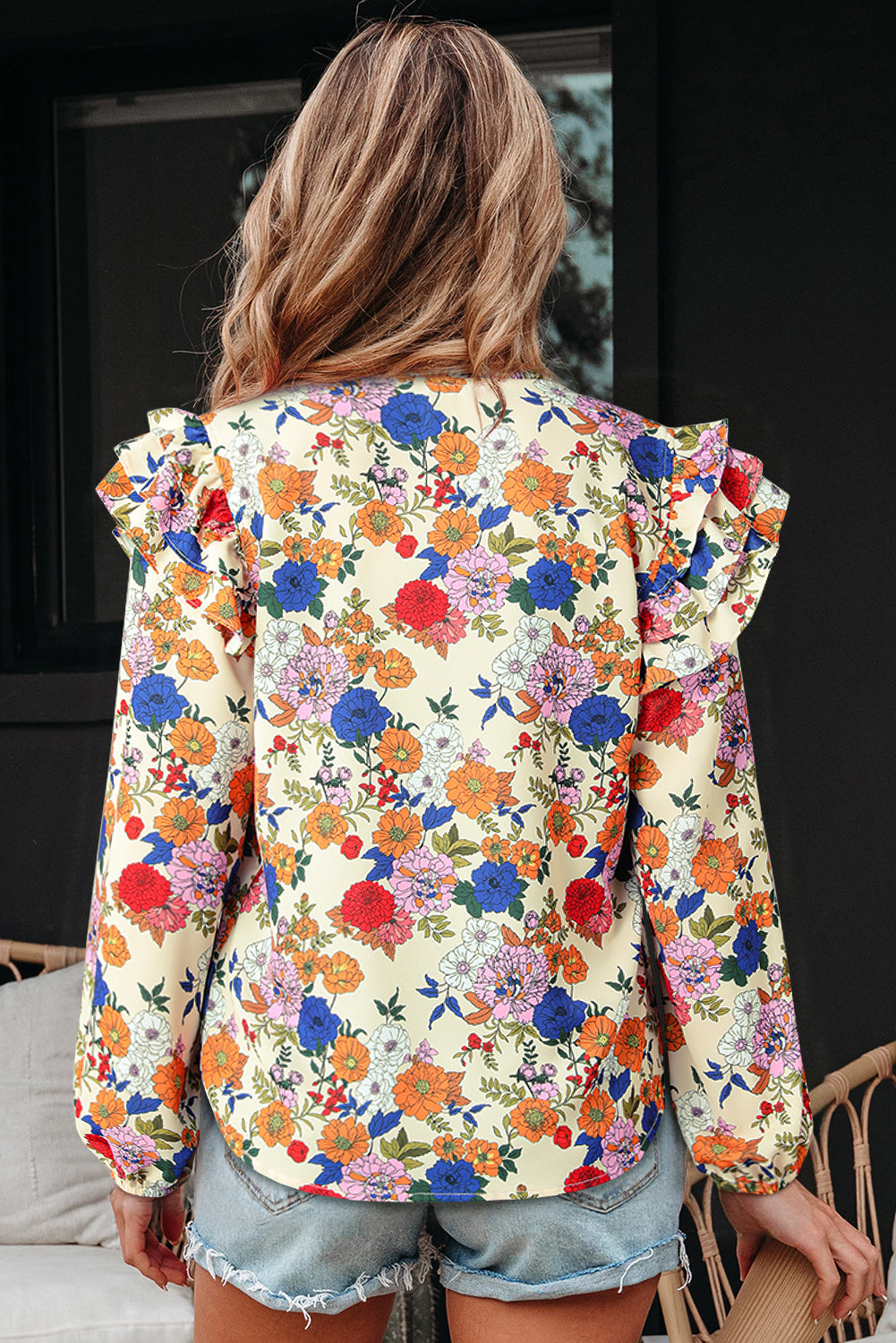 Premium Apricot Ruffled Shoulder Floral Long Sleeve Blouse
