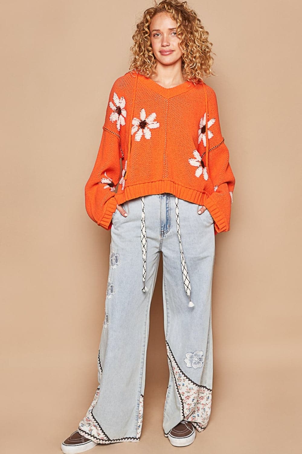 Floral-Embellished Hooded High-Low Knit Sweater