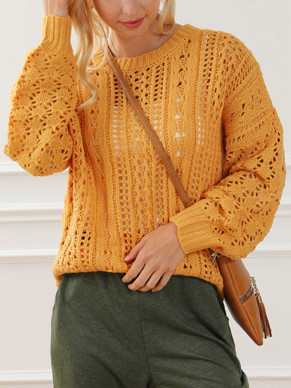 Openwork Round Neck Long Sleeve Sweater.