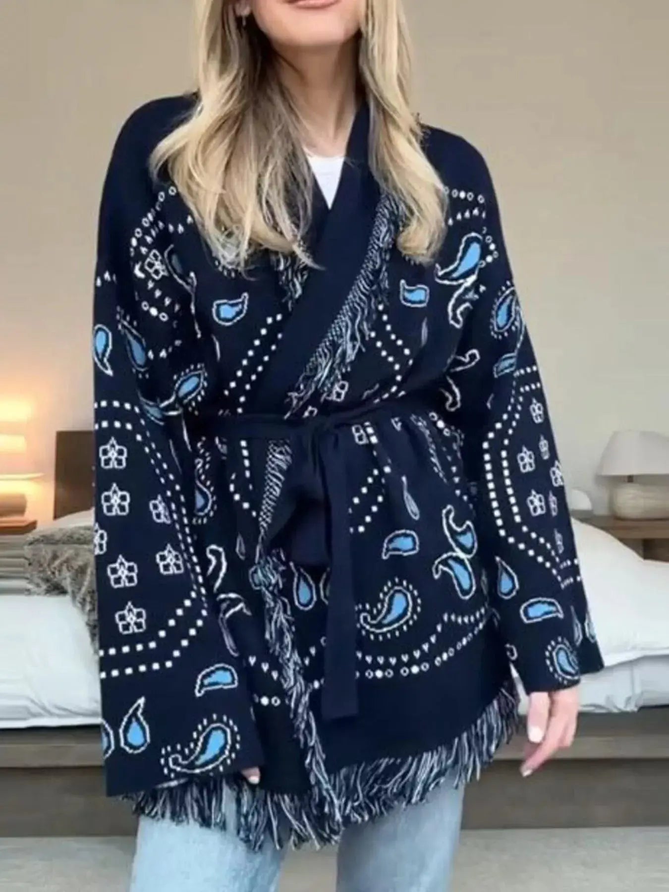 Navy Bandana Print Fringe Cardigan With Tie Belt Long Sleeve Simply Love